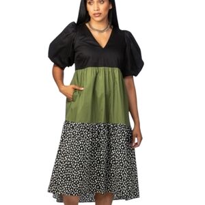 Black & Olive Tiered V-Neck Midi Dress